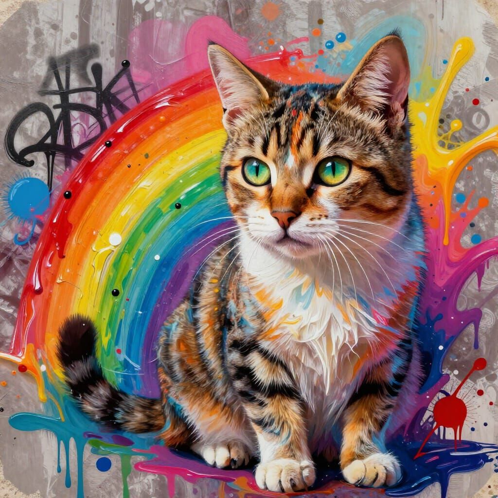 Photorealistic Cat With Rainbow Reflection in Graffiti Style