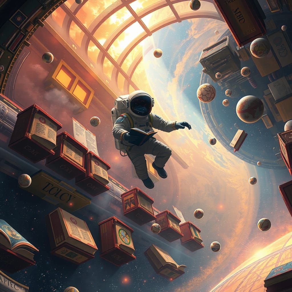 Astronaut Librarian in Ethereal Space Station Concept Art