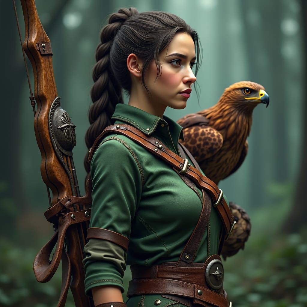 Female Ranger with Hawk in Forest Setting