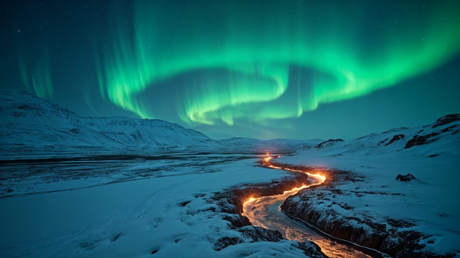 Northern Lights Over Icelandic Lava and Snow Landscape