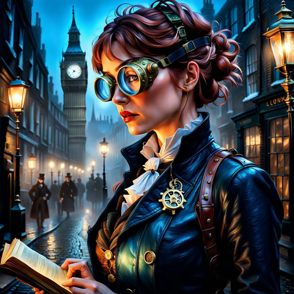 Steampunk Detective in Foggy London Street