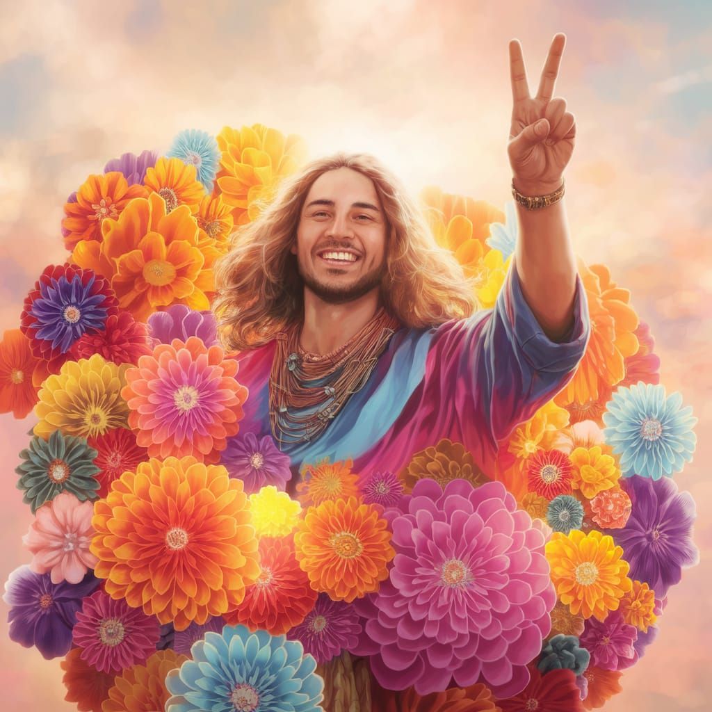 Psychedelic Hippie Surrounded by Vibrant Enchanted Flowers