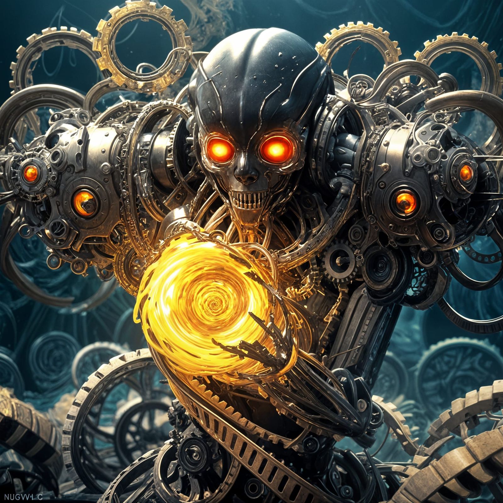 Metallic Woman Melting into Vibrant Colors, Dark Biomechanic...