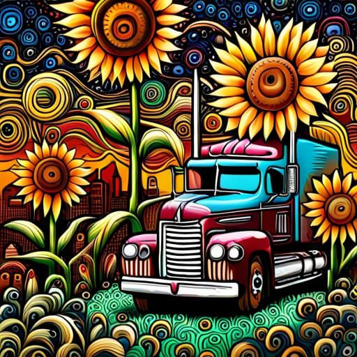 Surreal Mack Truck Painting with Fantasy Sunflowers
