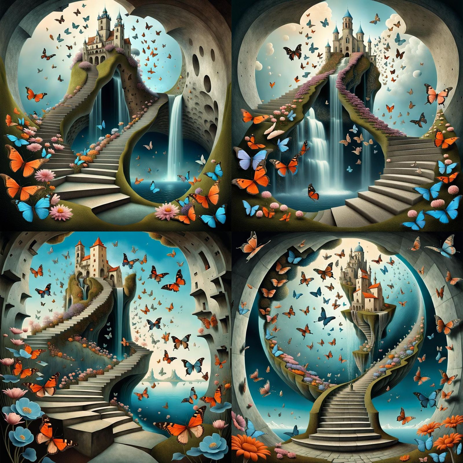 Surreal Butterflies in Warped Universe with Escher Stairs