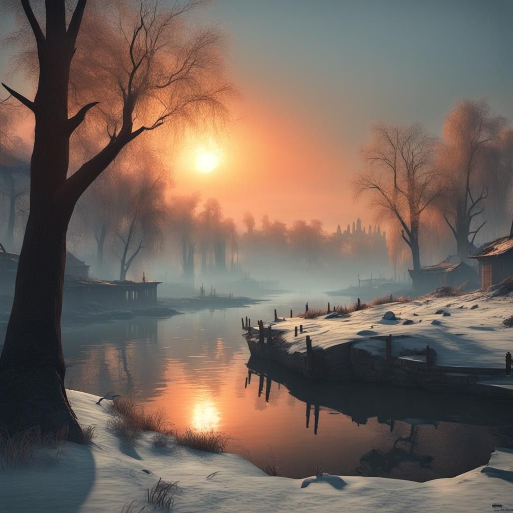 Winter Sunrise Over Ancient Indian City in Vorticism Style