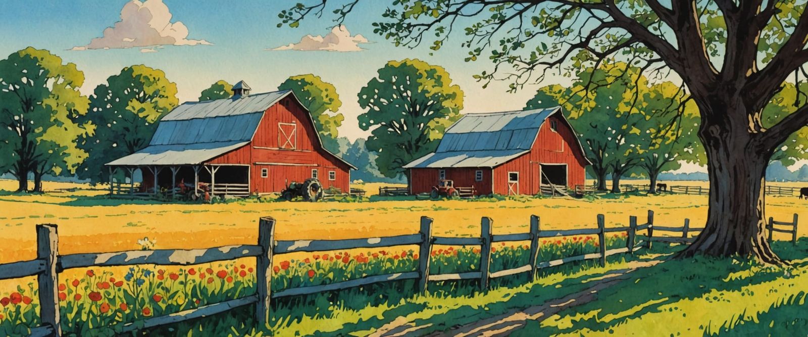 Retro Comic Farm Scene with Red Barn and Cows