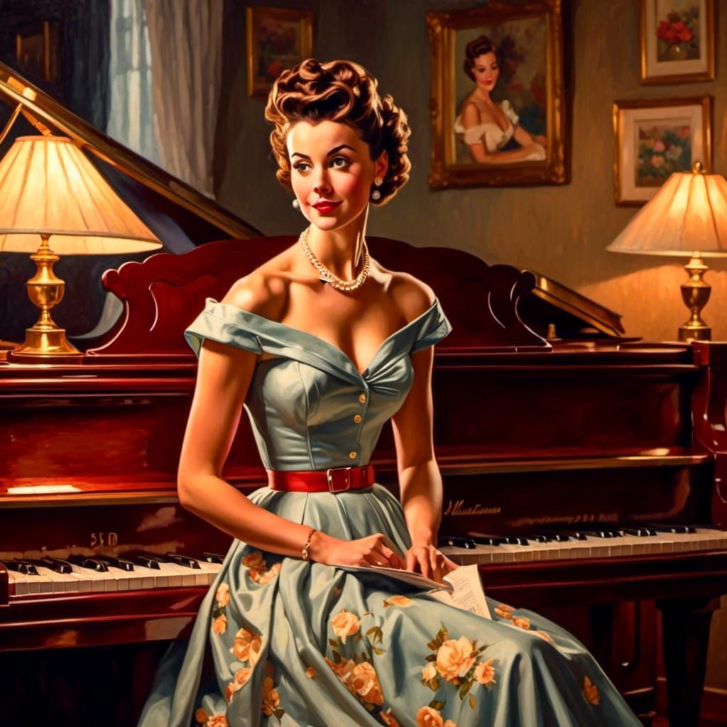 1950s Woman at Piano: Impressionistic Oil Painting