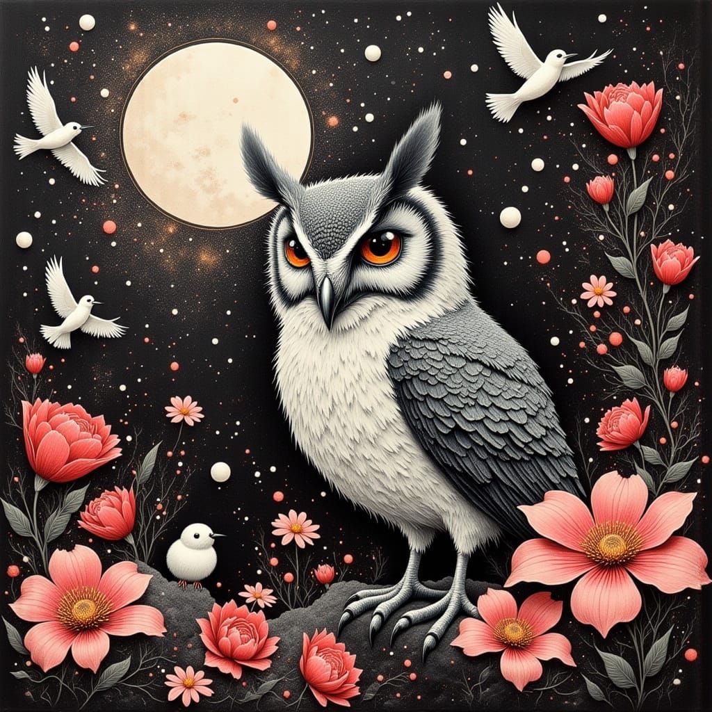 Whimsical Owl in Moonlit Garden, Watercolor Chalks and Charc...