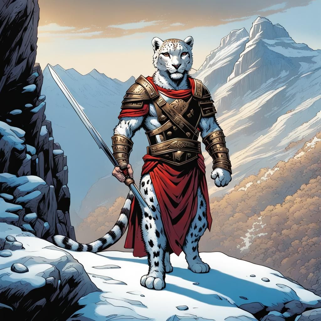 A humanoid snow leopard, dressed as a Roman Centurion, standing in a mountain scene.