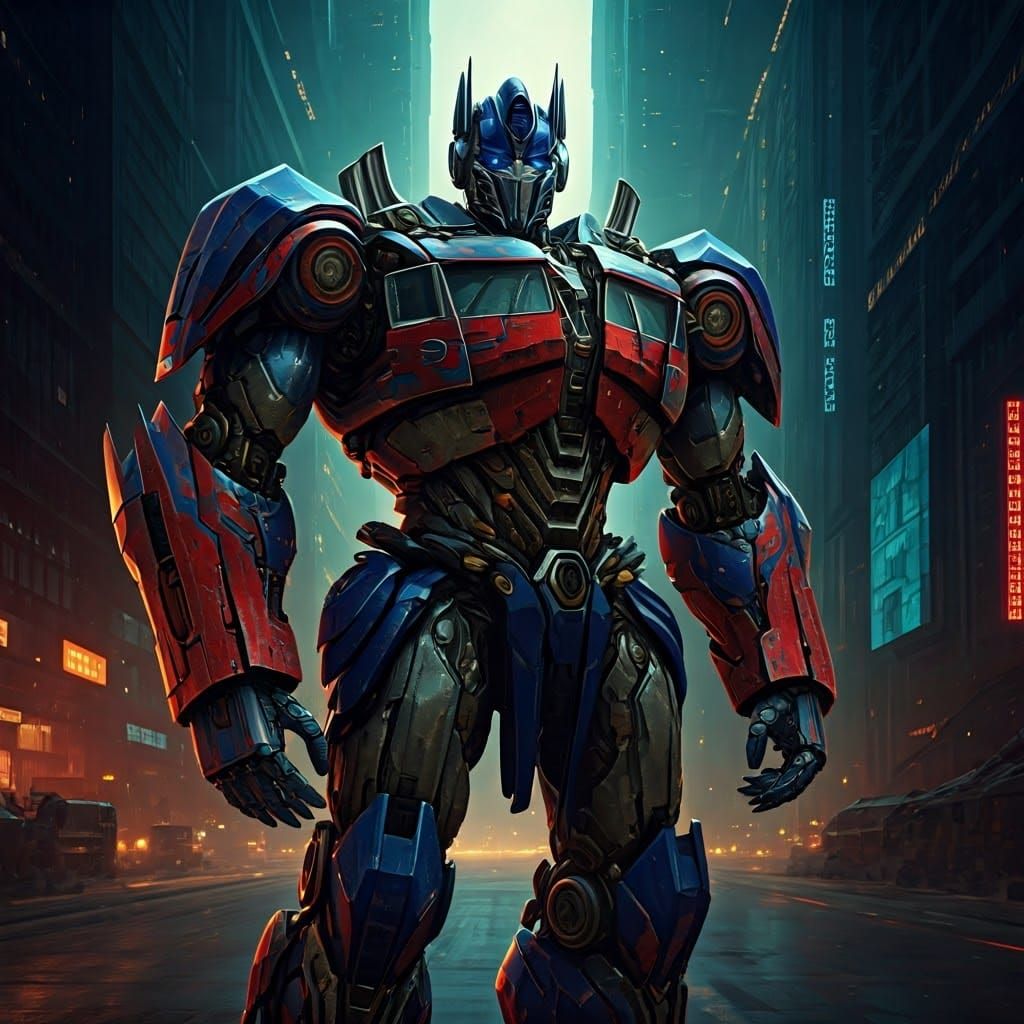 Optimus Prime in Dark Futuristic Metropolis