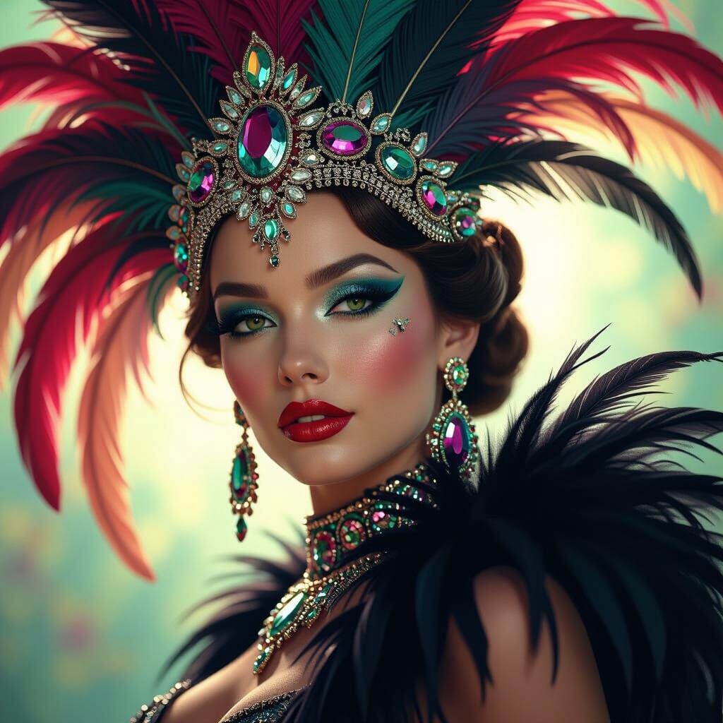 Hyperrealistic Showgirl in Feathers and Jewels
