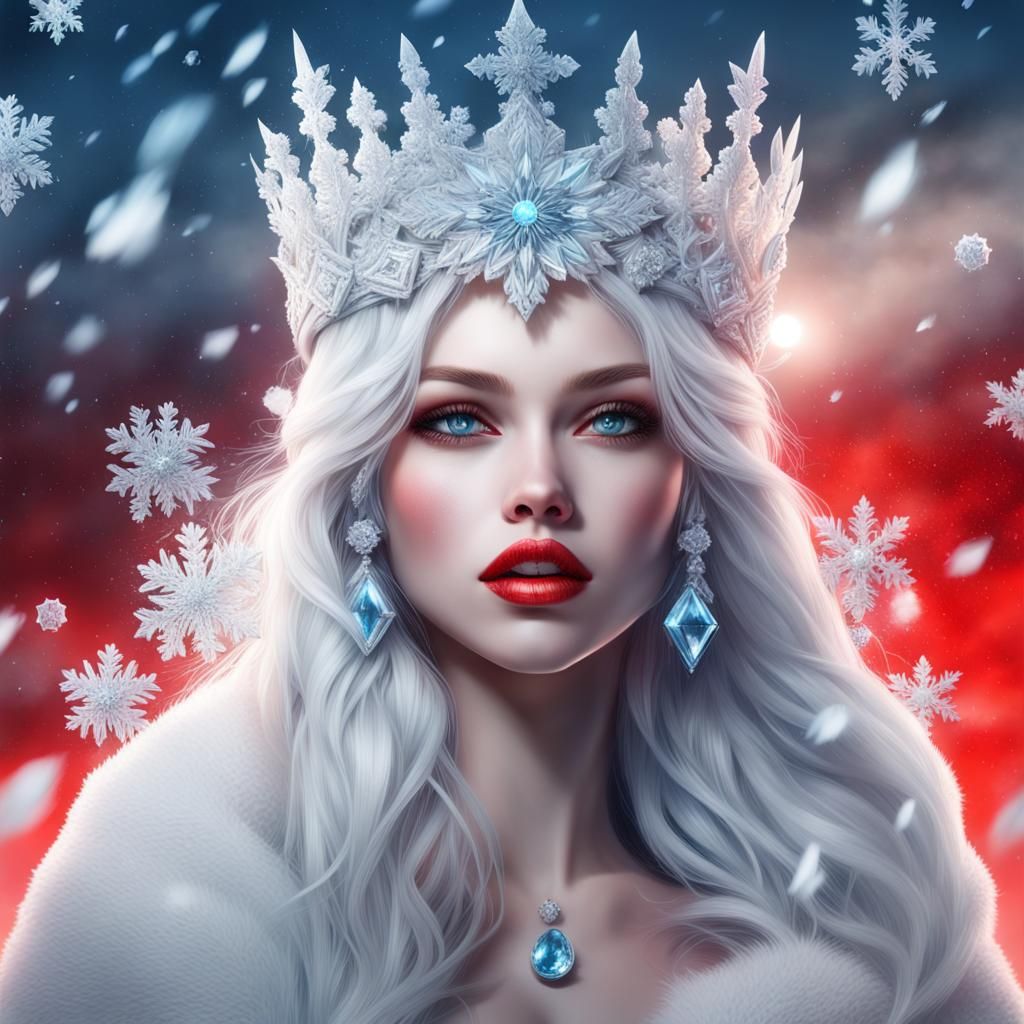 Hyperrealistic Ice Queen with Snowflakes and Red Sky