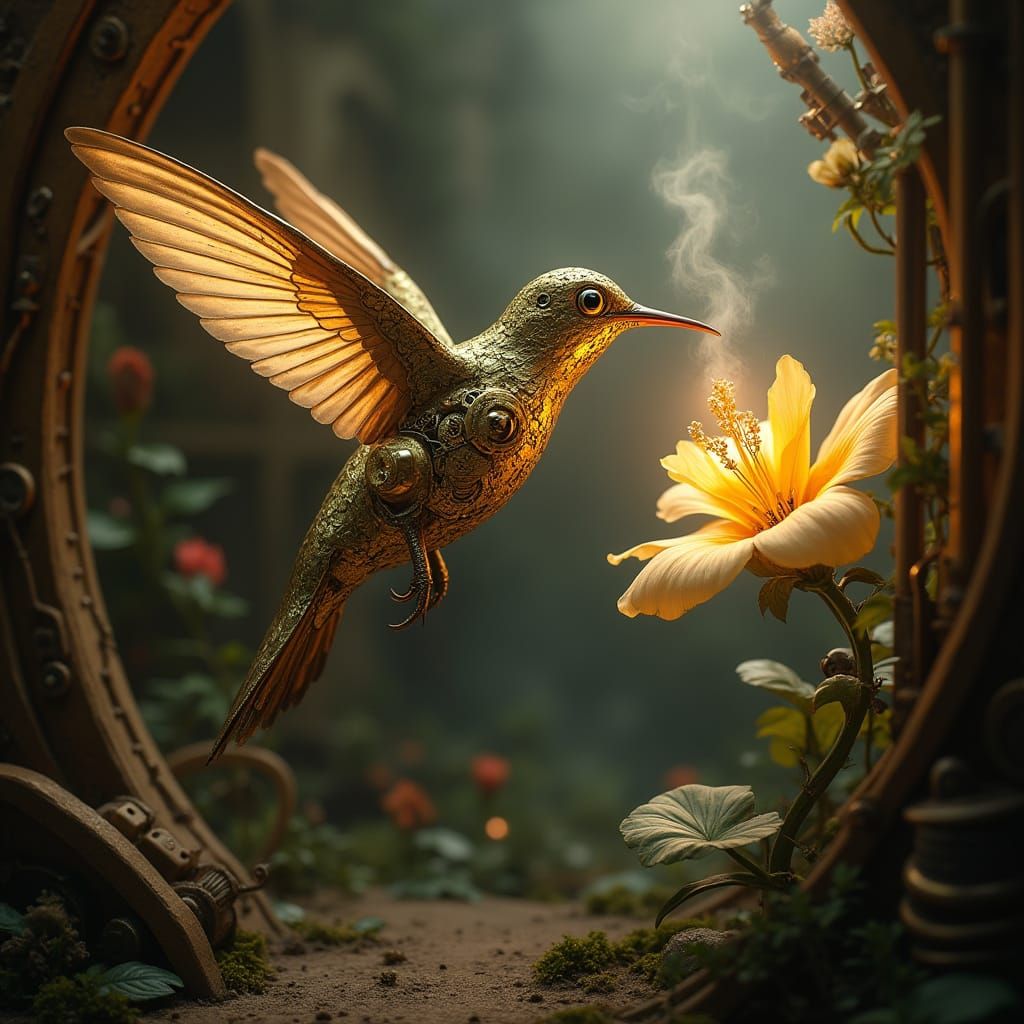 Clockwork Hummingbird in Bioluminescent Steampunk Garden