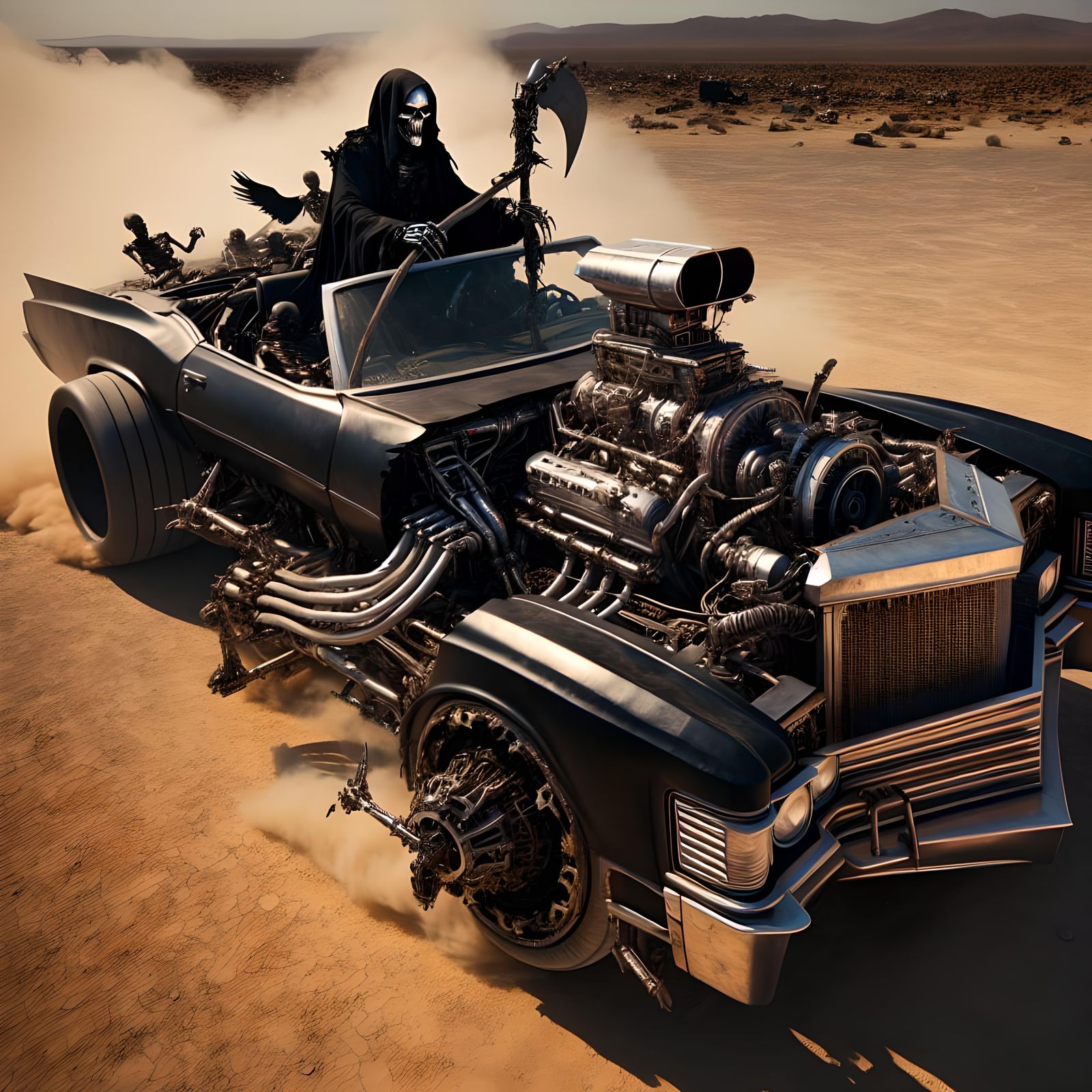 Grim Reaper Drives Cadillac in Post-Apocalyptic Desert