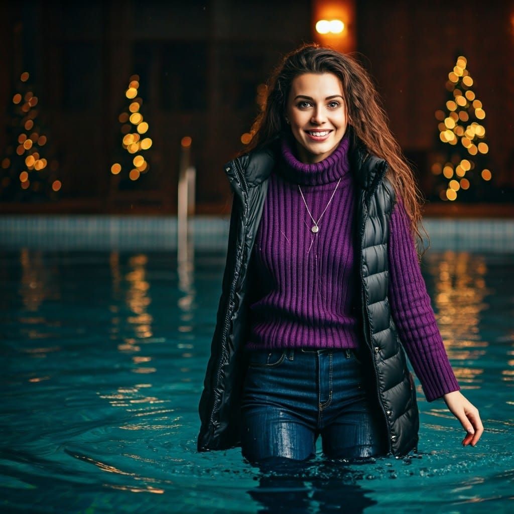 Wet and Delighted Woman Steps Out of Turquoise Pool Waters