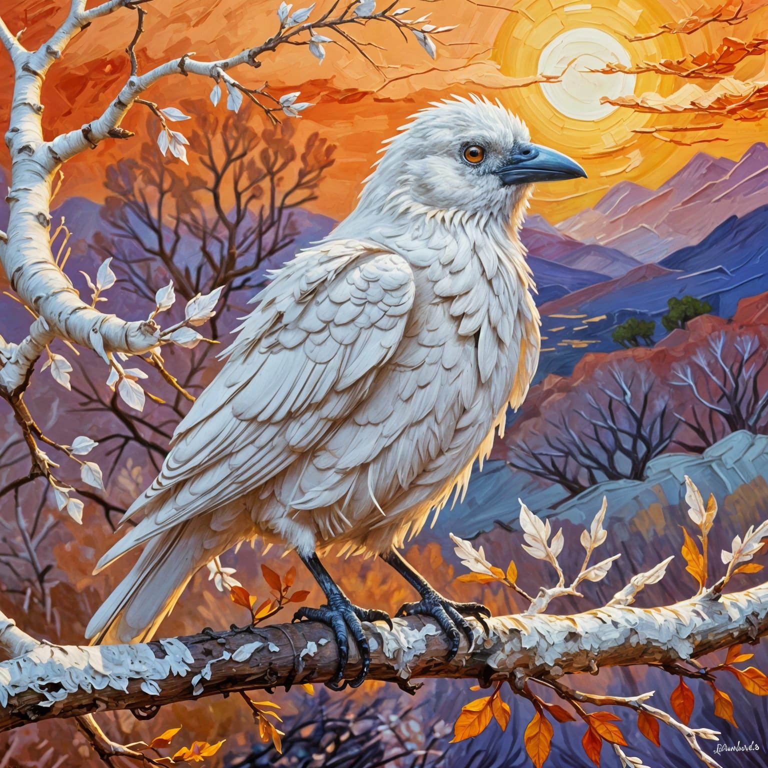 Albino Raven on Branch in Fauvist Expressionism