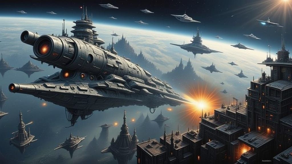 Massive Battle Station Engages Attacking Starfighter Fleet