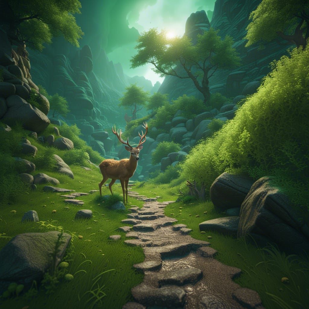 Green Mountain Path with Deer in Fantasy Concept Art