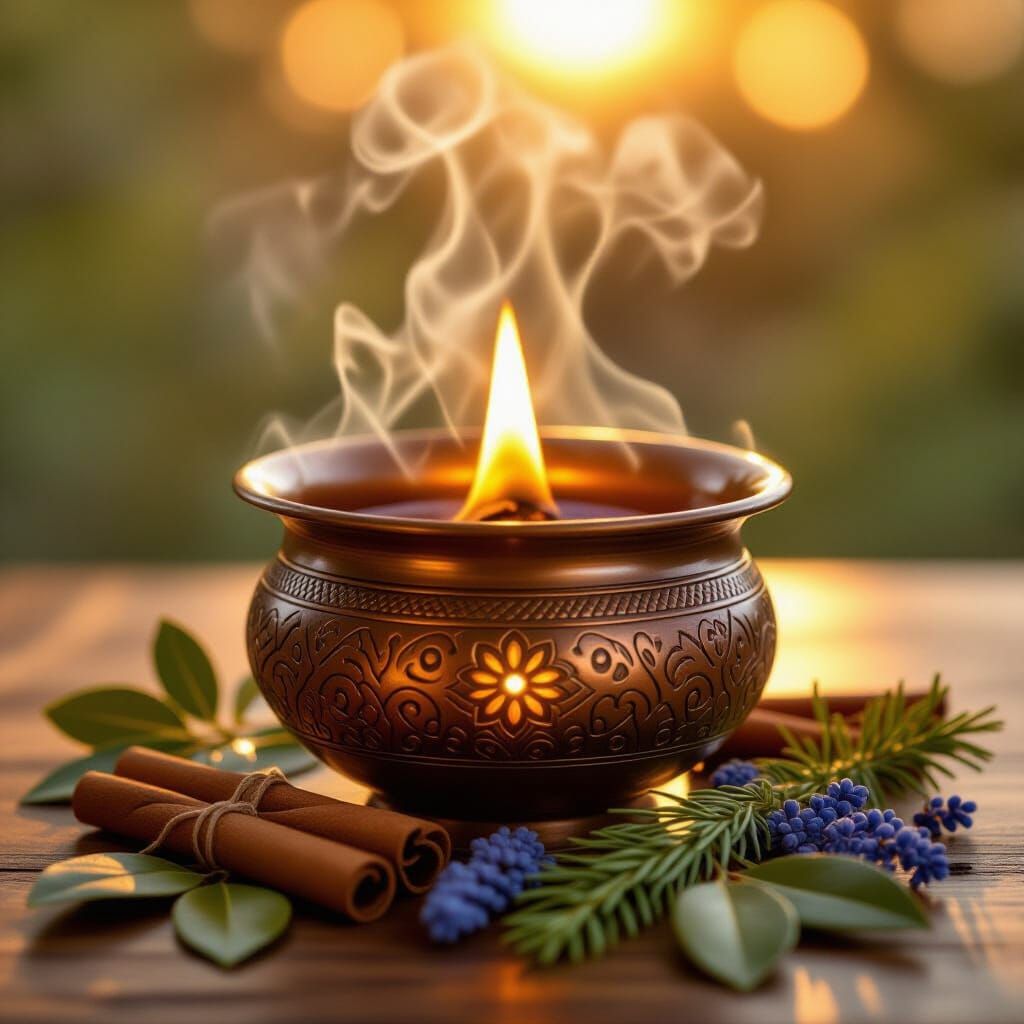 Golden Smudging Bowl with Herbs in Art Nouveau Style