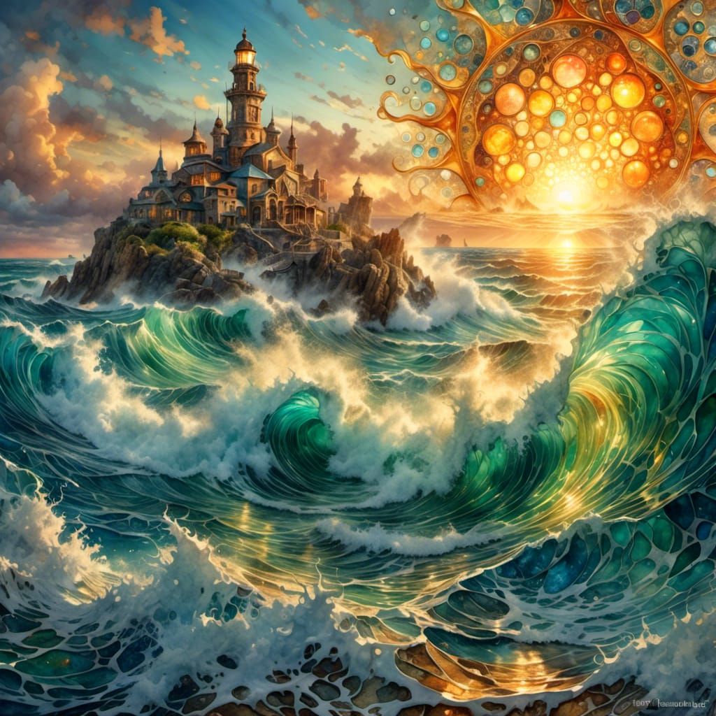 Ocean Sunburst Sunrise: Digital Watercolor Illustration