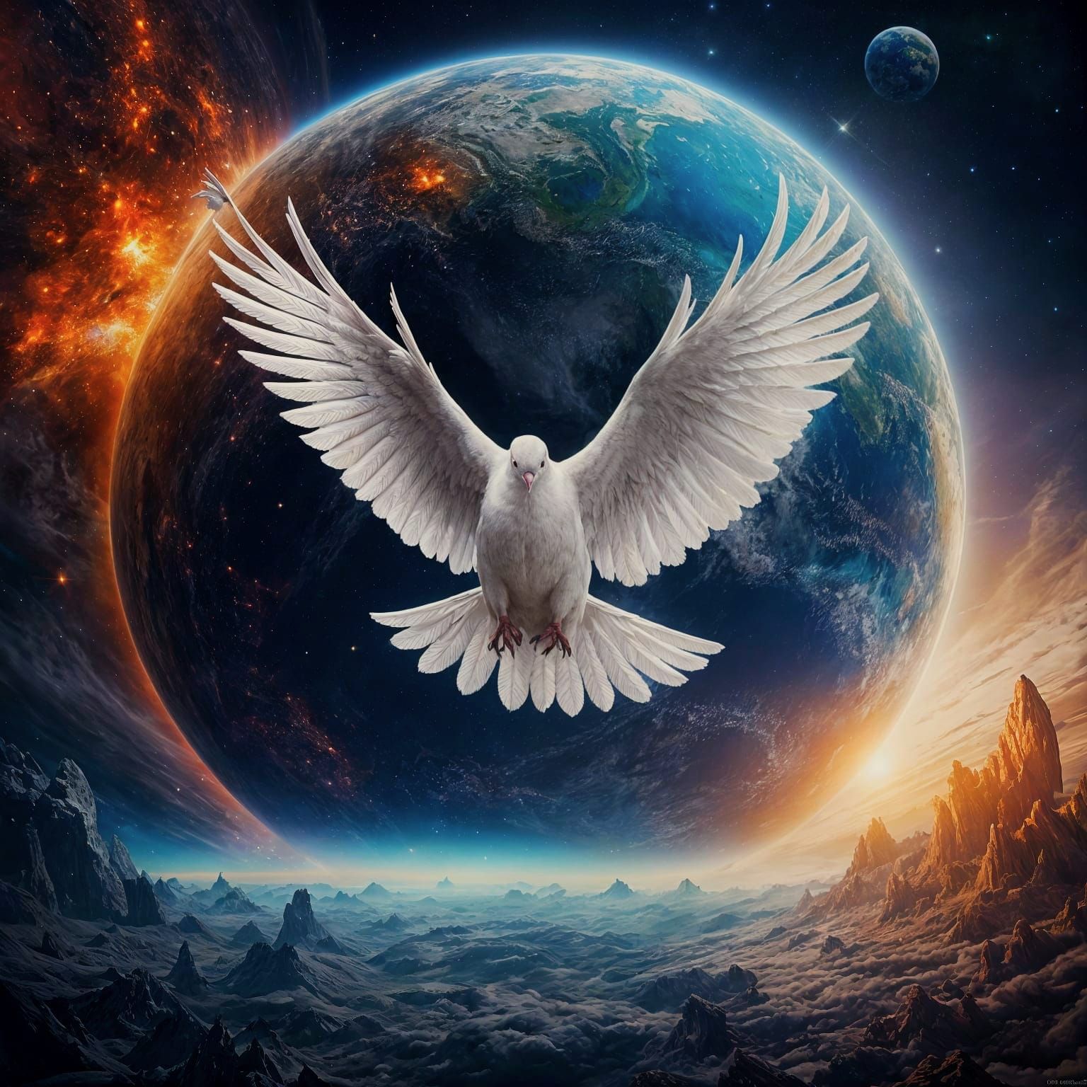 Surreal Dove in Cosmic Landscape, Intricate Matte Painting