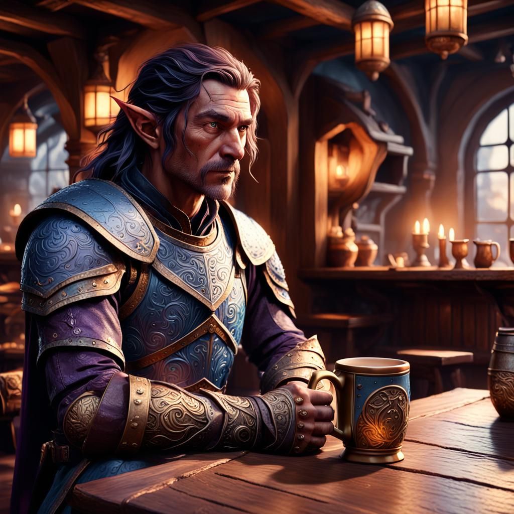 Half-Elf in Dim Tavern: Gritty Fantasy Portrait