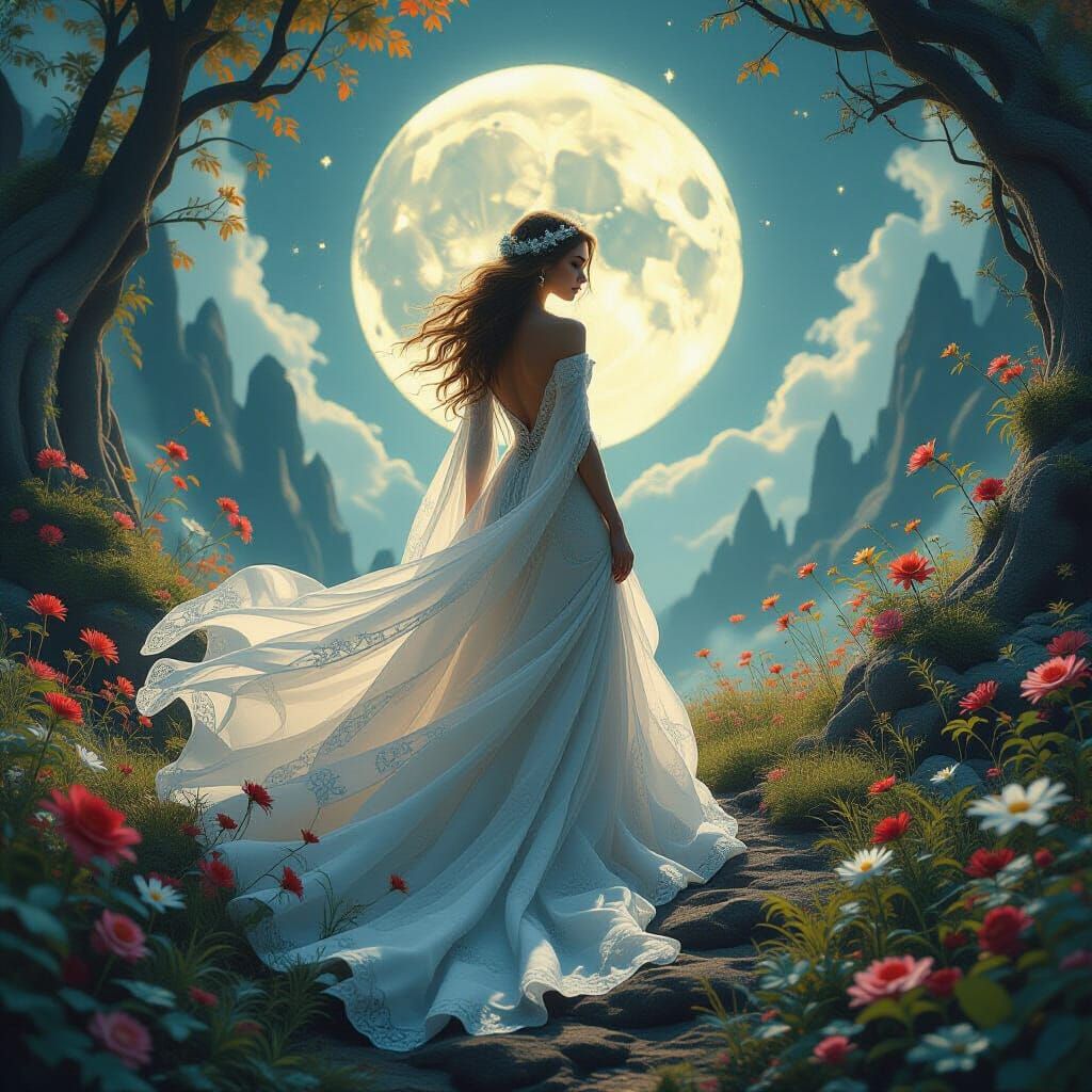 Ethereal Gown in Surreal Landscape with Glowing Flora