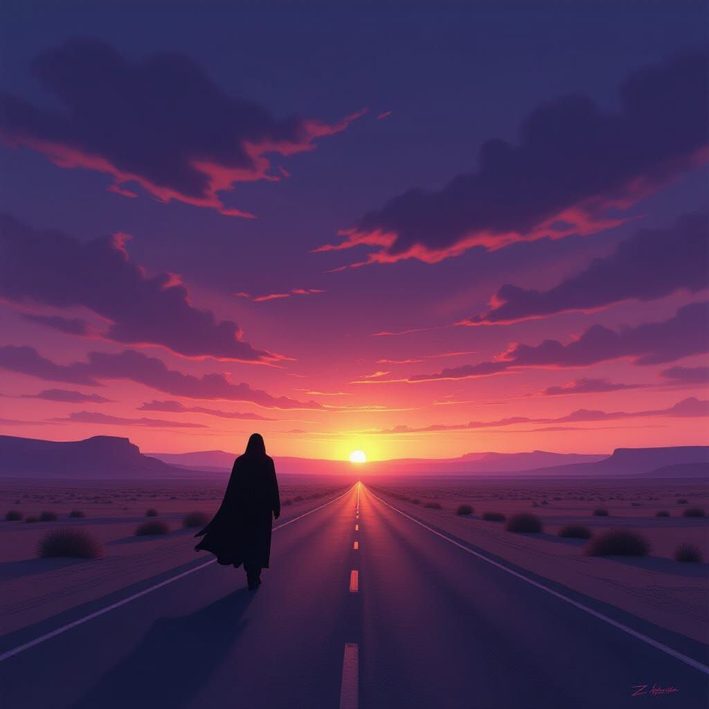 Ethereal Figure on Endless Desert Road at Dusk