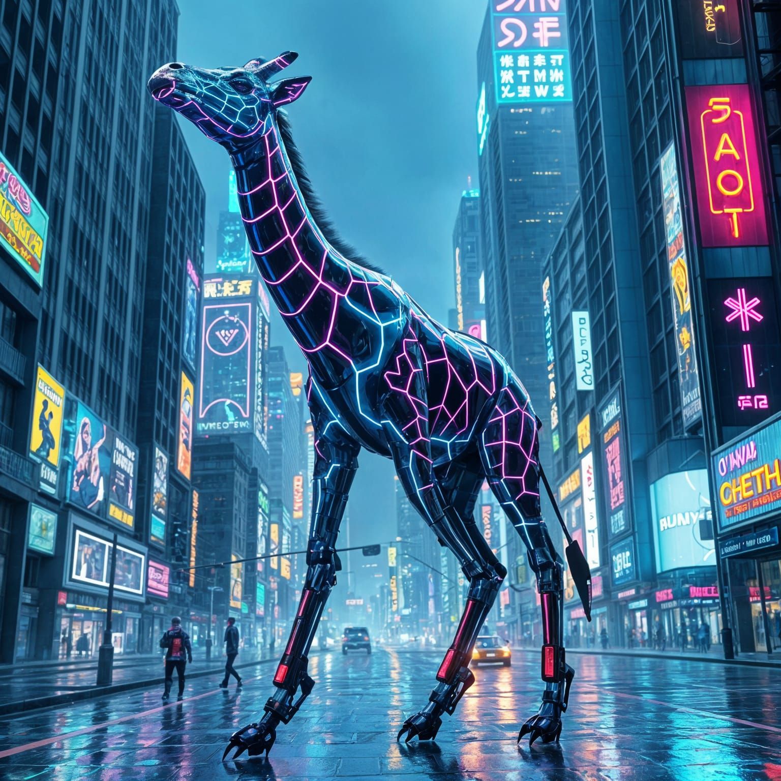 Cyberpunk Giraffe Roams Dystopian Metropolis