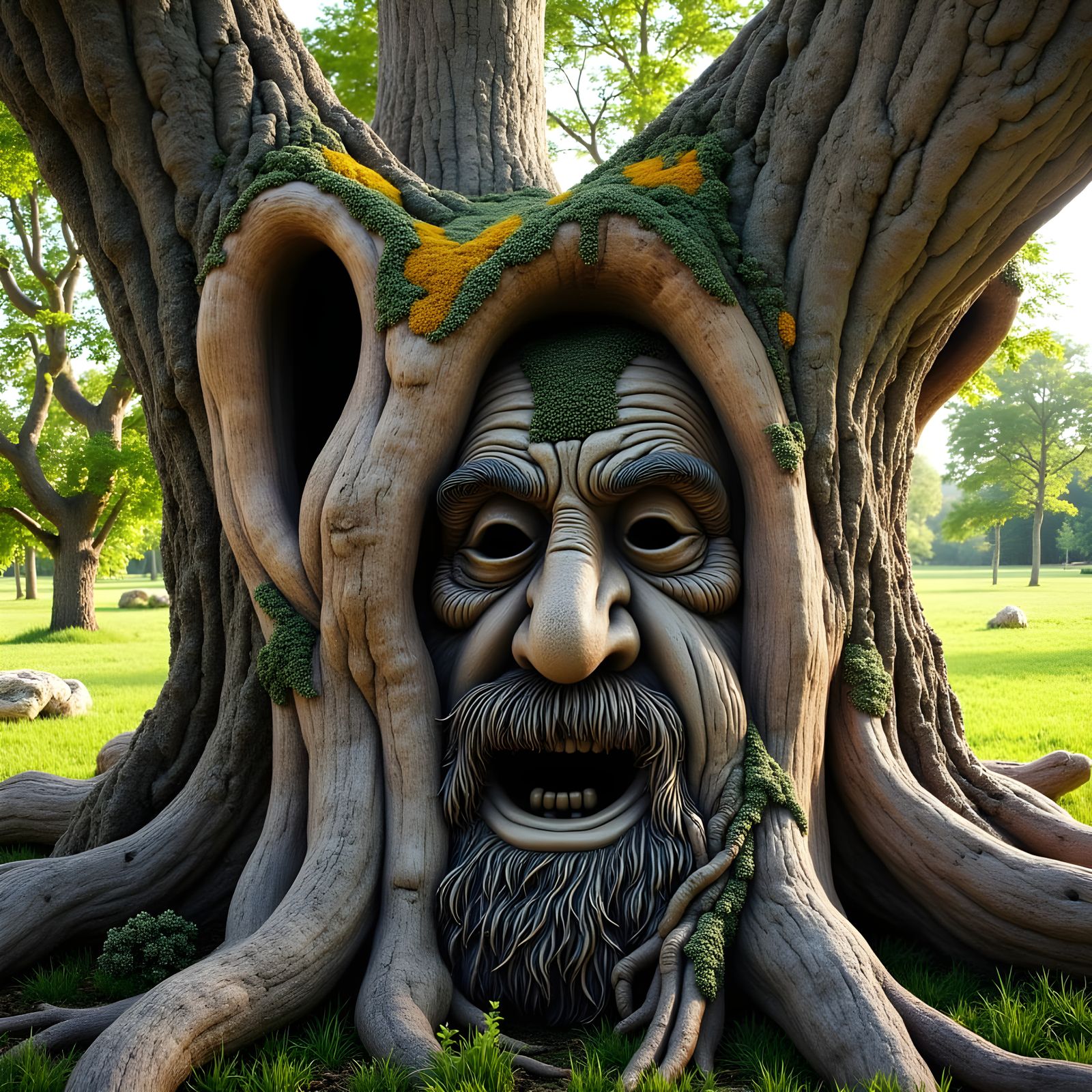 Singing Face in Ancient Oak Tree Bark