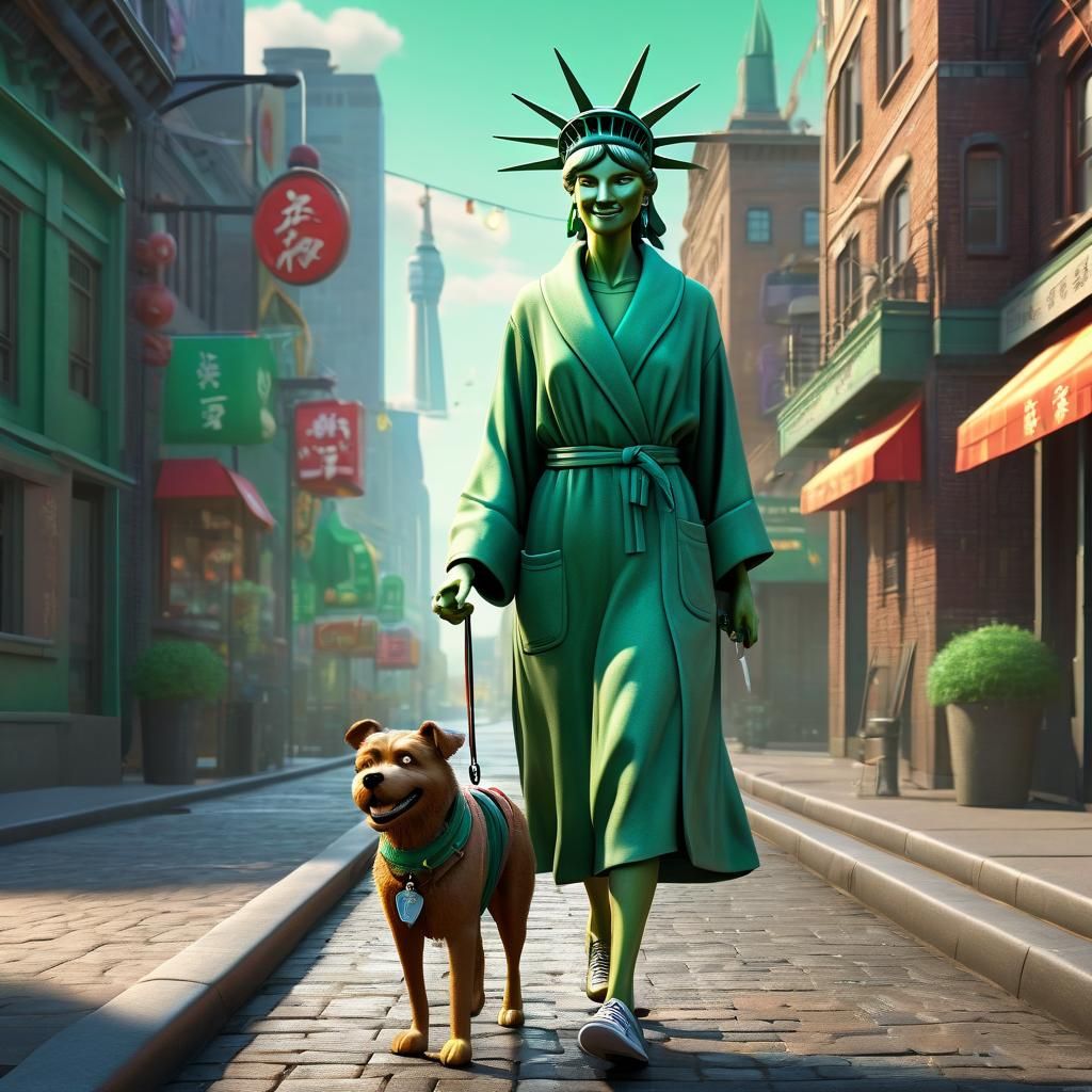 Statue of Liberty Walks Dog: Pixar-Style 3D Art
