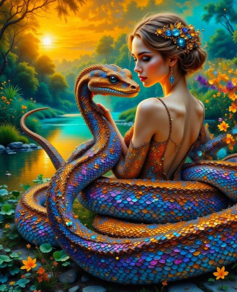 Woman and Serpent in Rainbow Colors