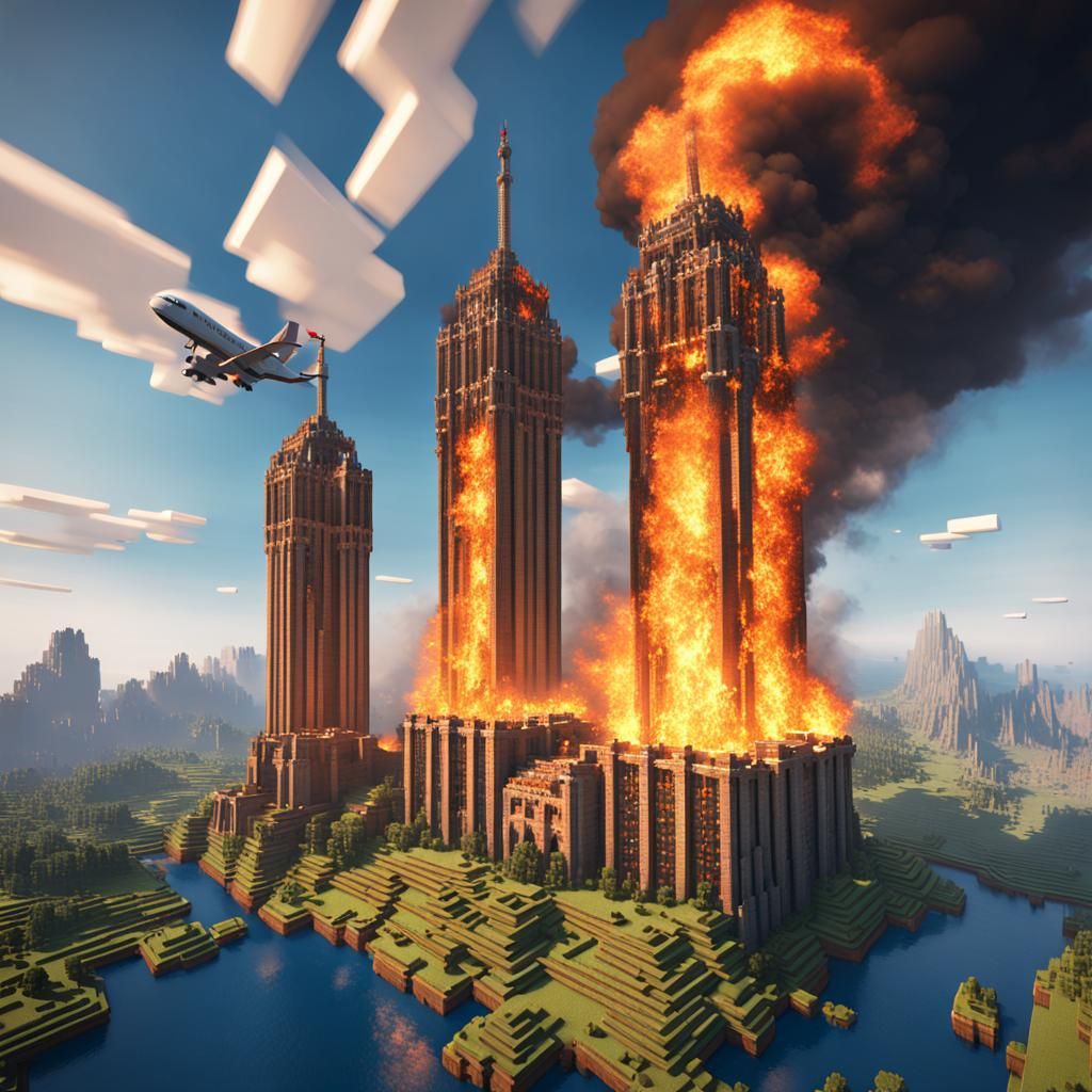Minecraft Twin Towers Burning: Detailed Matte Painting