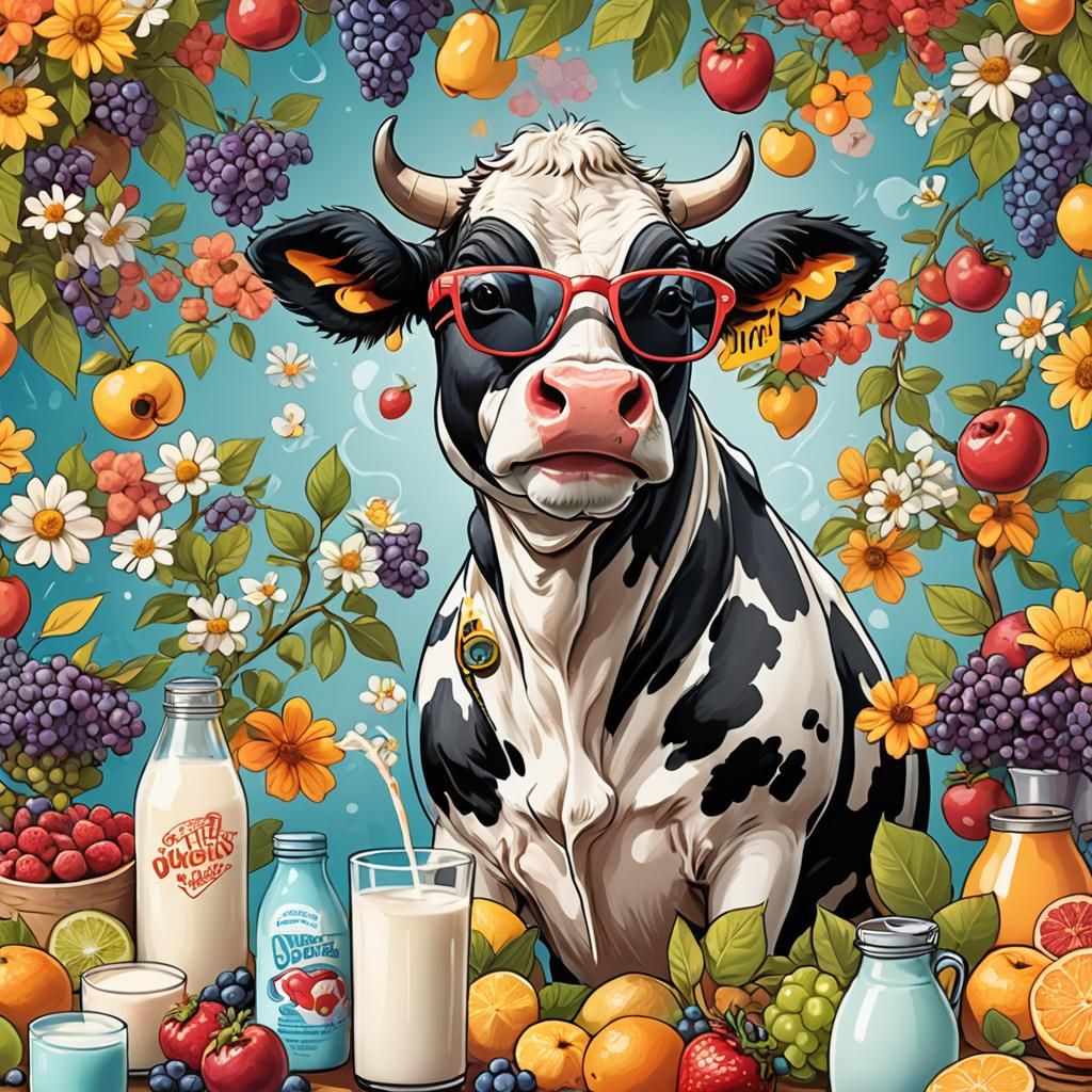 Cartoon Cow Promoting Almond Milk in Digital Art Humor