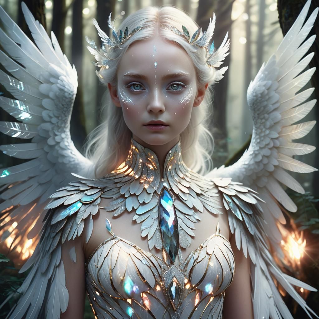 Crystal Winged Phoenix Woman in Mystical Forest
