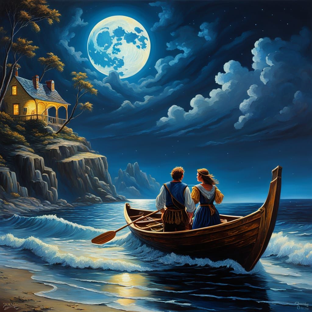 Romantic Couple in Moonlight: Baroque Oil Painting