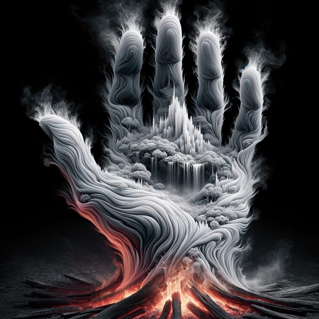 Ethereal Smoke Hand Holding Fantasy Landscape