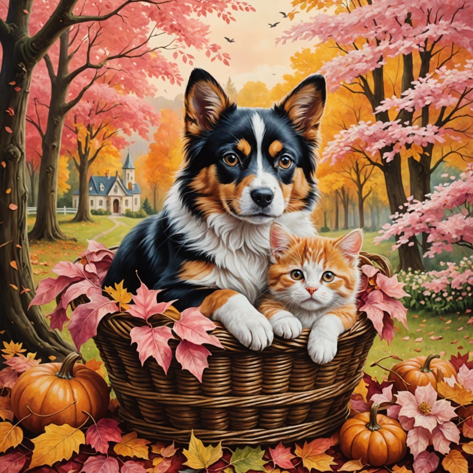 Cute Cat and Dog Cuddling in Autumnal Royal Basket