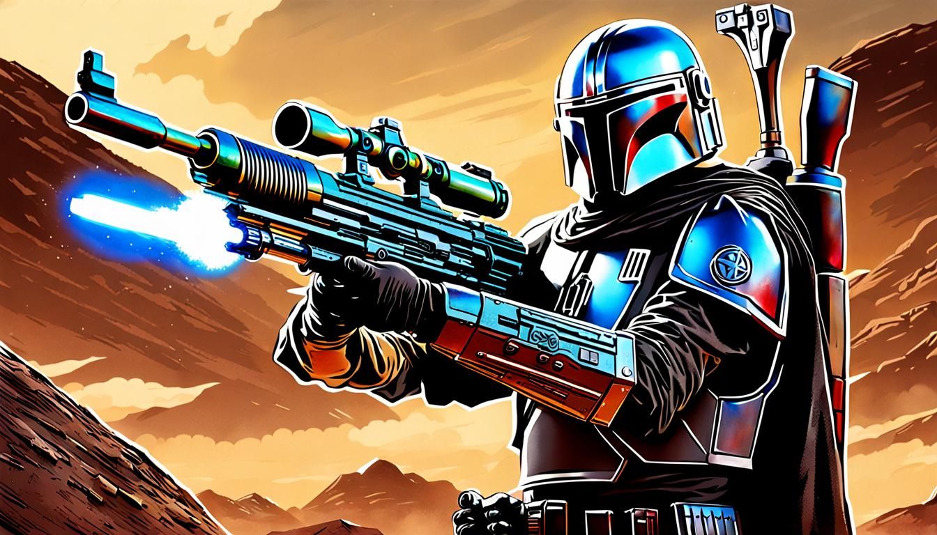 Mandalorian Bounty Hunter Shooting Blaster in Space