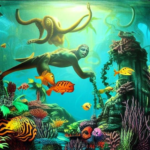 Underwater Jungle Maximalism Fantasy Horror Painting