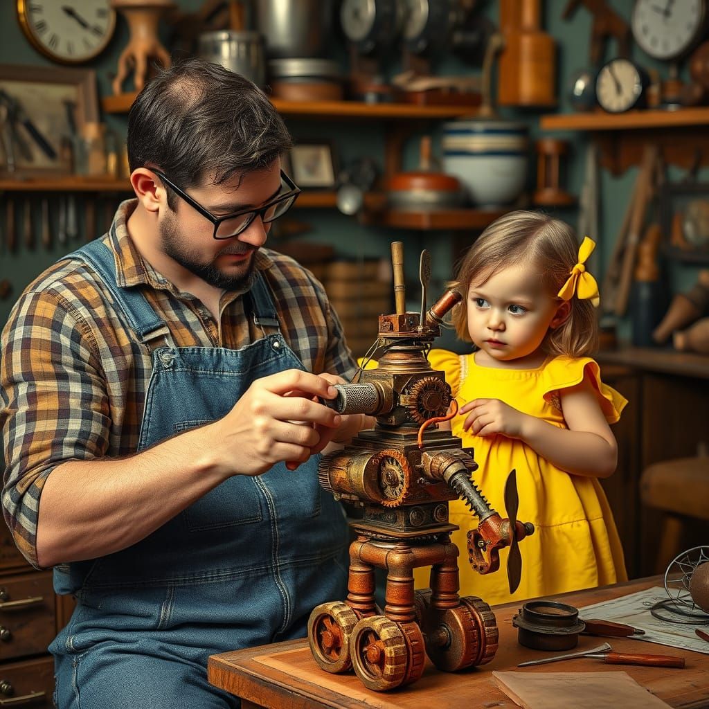Father and Child Repairing Robot Toy