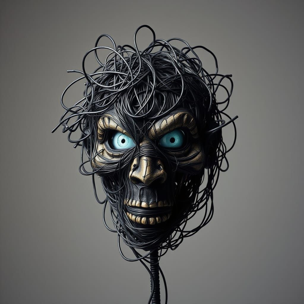 Frenzied Electrical Wire Head Sculpture, Photorealistic Styl...