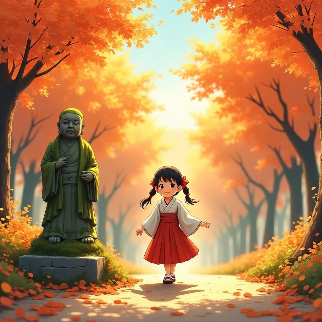 Anime Girl in Autumn Landscape near Jizo Statue