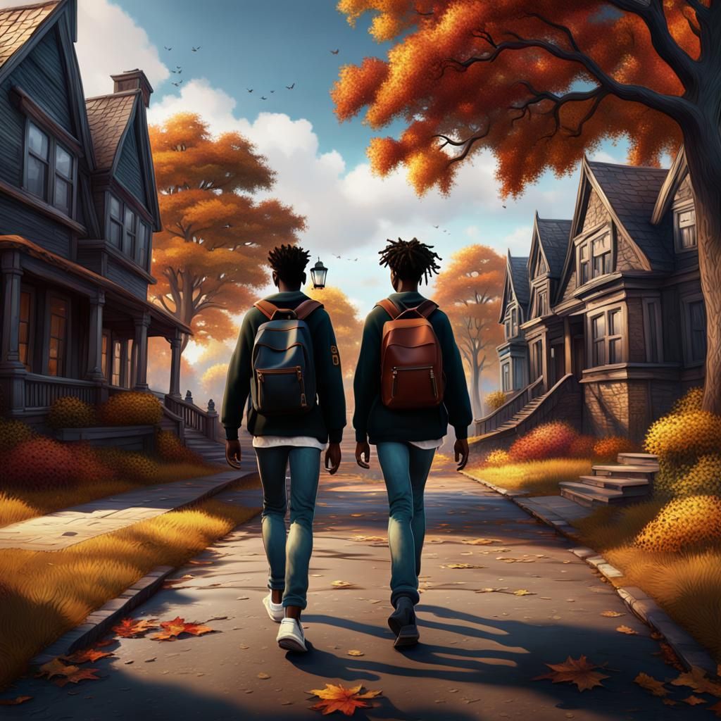 Black Teens Walking Home: Matte Painting in Deep Color
