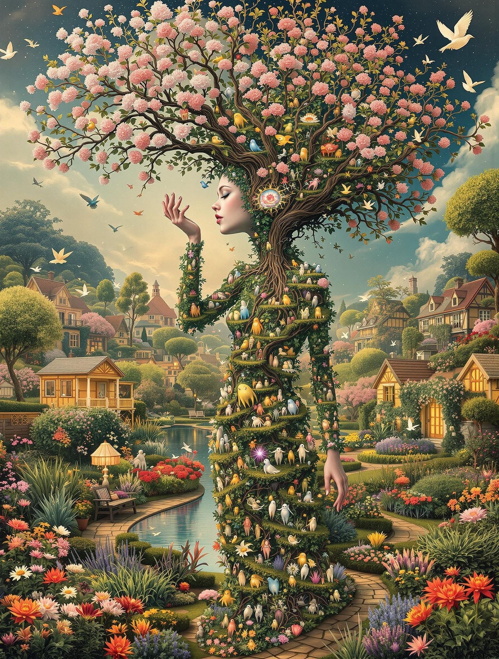 Surreal Tree Goddess Blooms in Vibrant Springtime Village