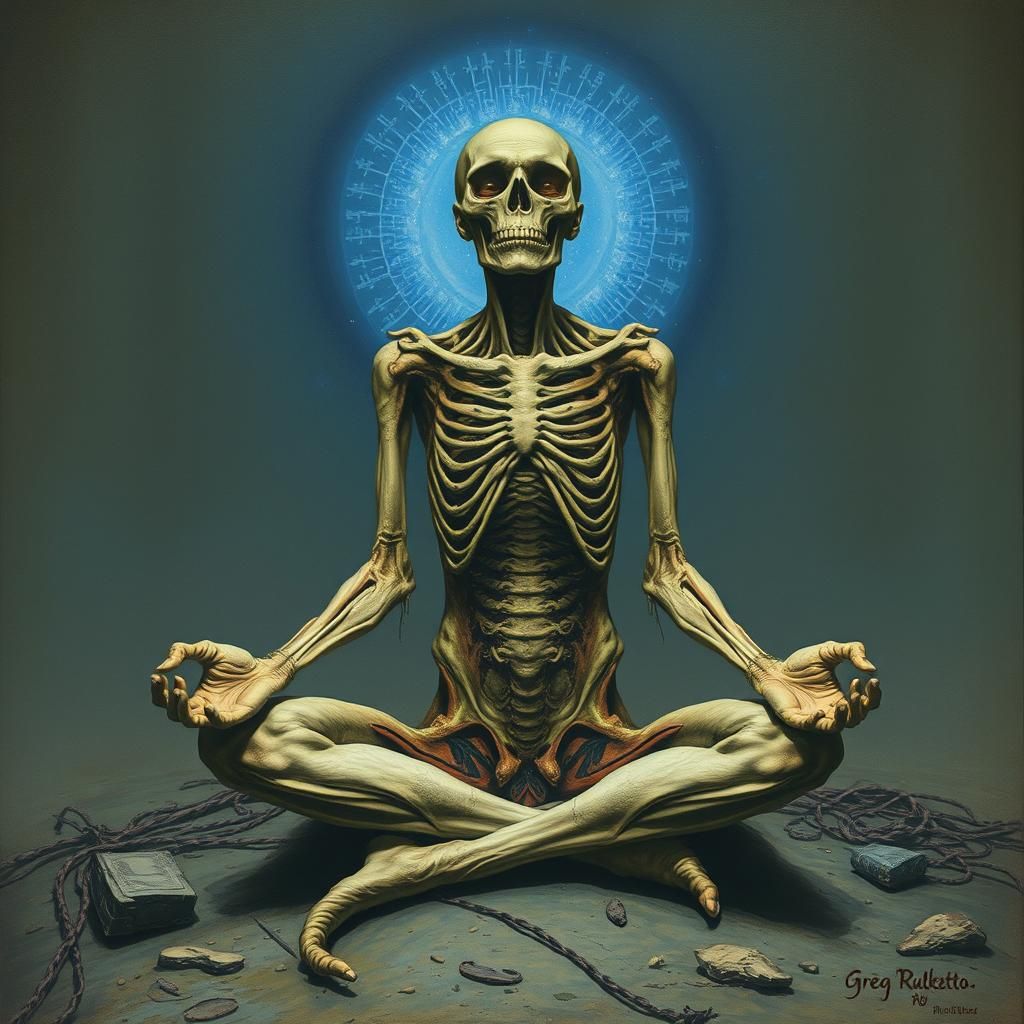 Meditating Zombie with Blue Halo in Gothic Horror Style