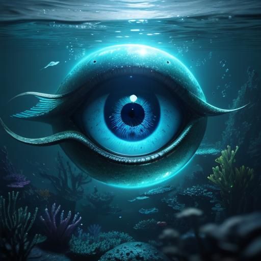 Futuristic Eye Submerged in Luminous Aquatic Realm