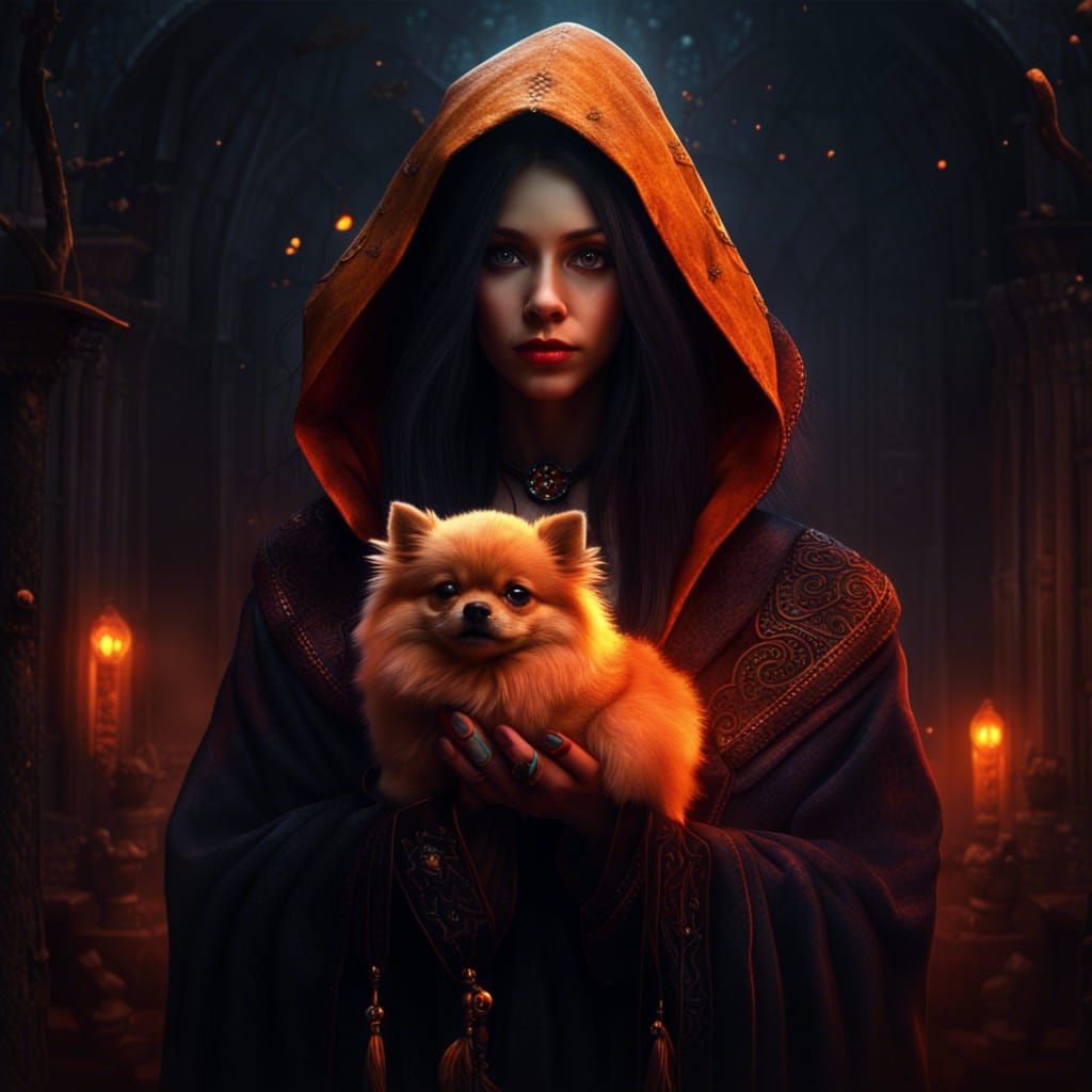 Mysterious Sorceresses with Pomeranian, Detailed Fantasy Art