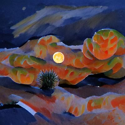 Cholla Desert: Orange Moon in Aurora, Gouache Painting